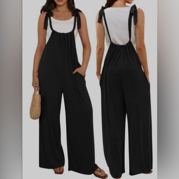 Merokeety Loose Jumpsuit Overalls Adjustable Strap Wide Leg Romper with Pockets - Picture 2 of 9